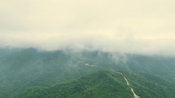 风力发电 航拍 云雾环绕 若隐若现 森林